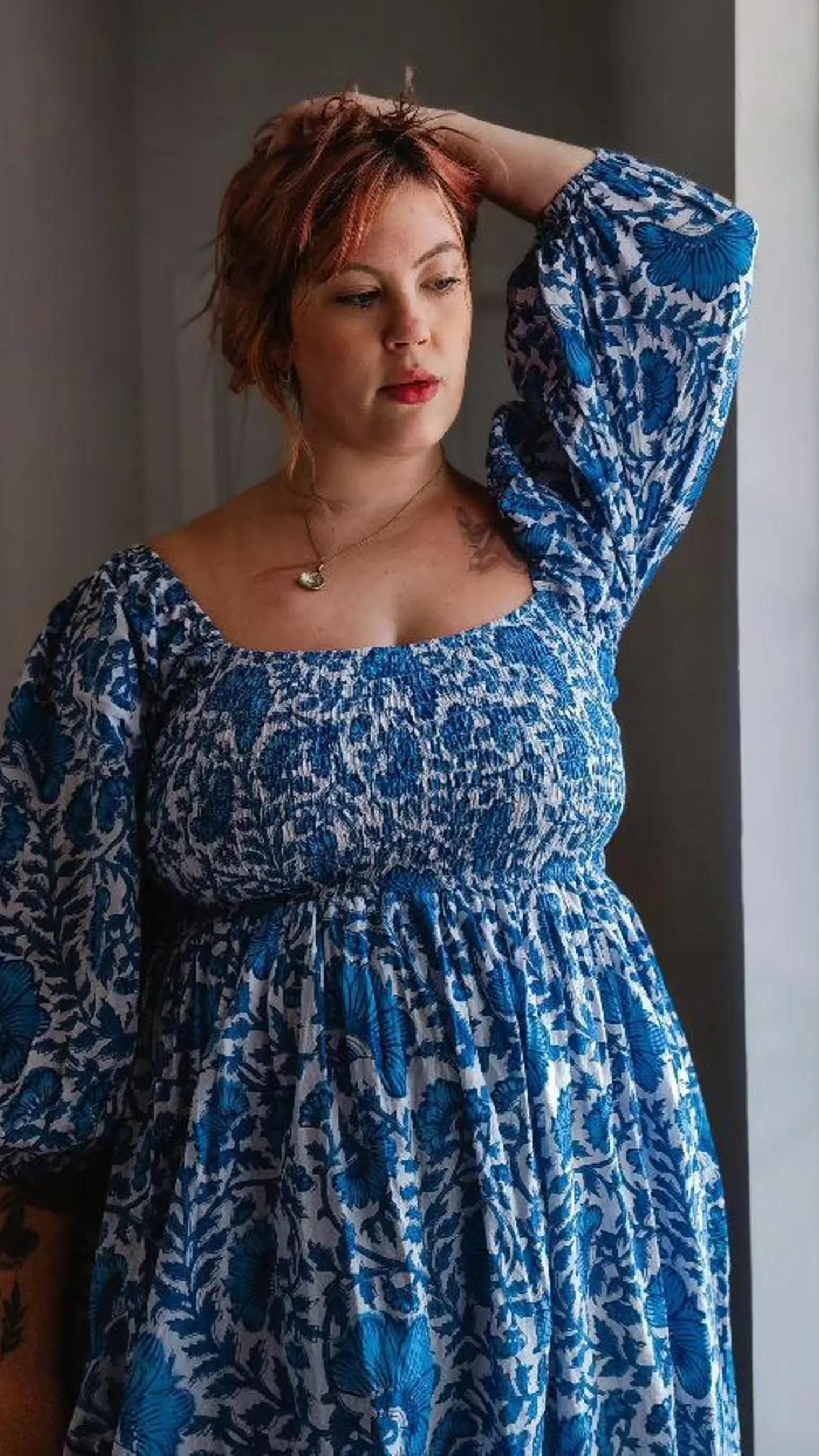 Hand block printed blue floral smocked long maxi, customization available, dress with pockets