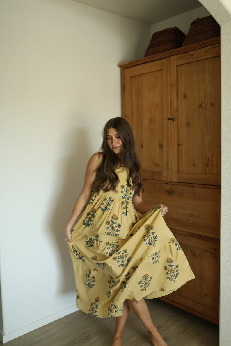 Hand Block Printed Backless Long Cotton Maxi Dress