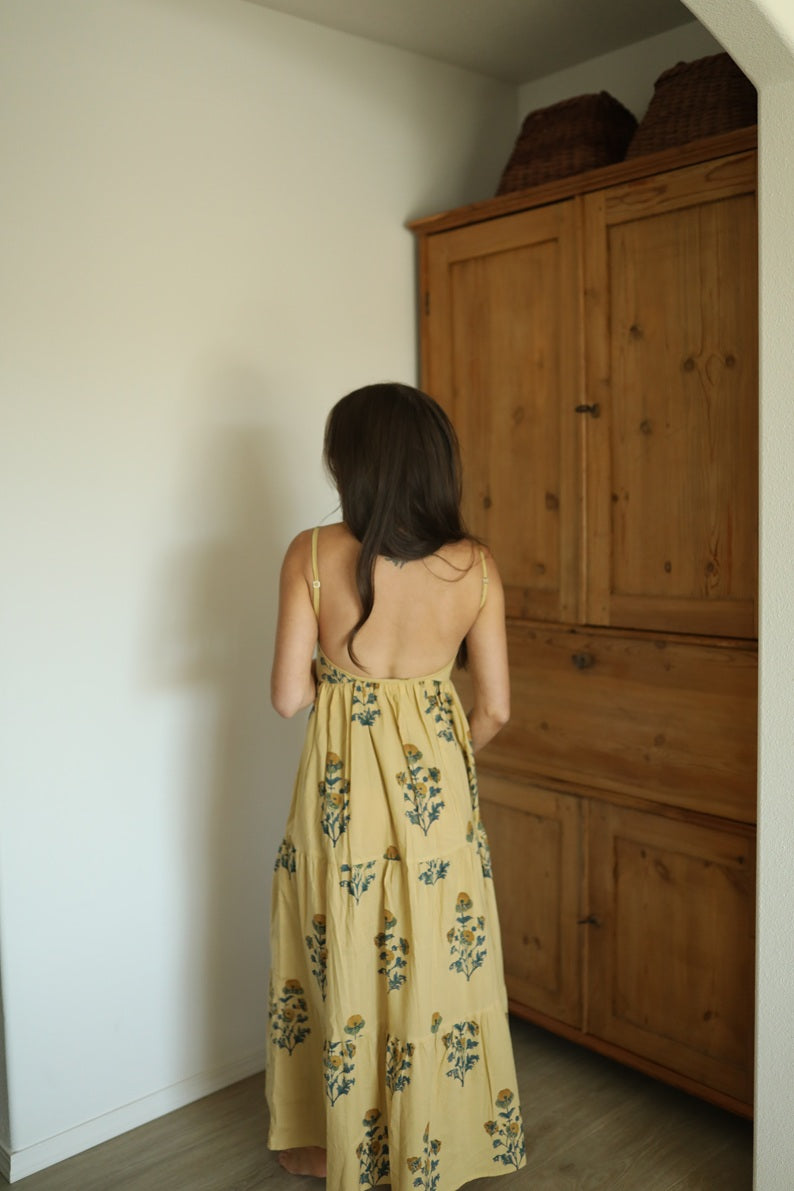 Hand Block Printed Backless Long Cotton Maxi Dress