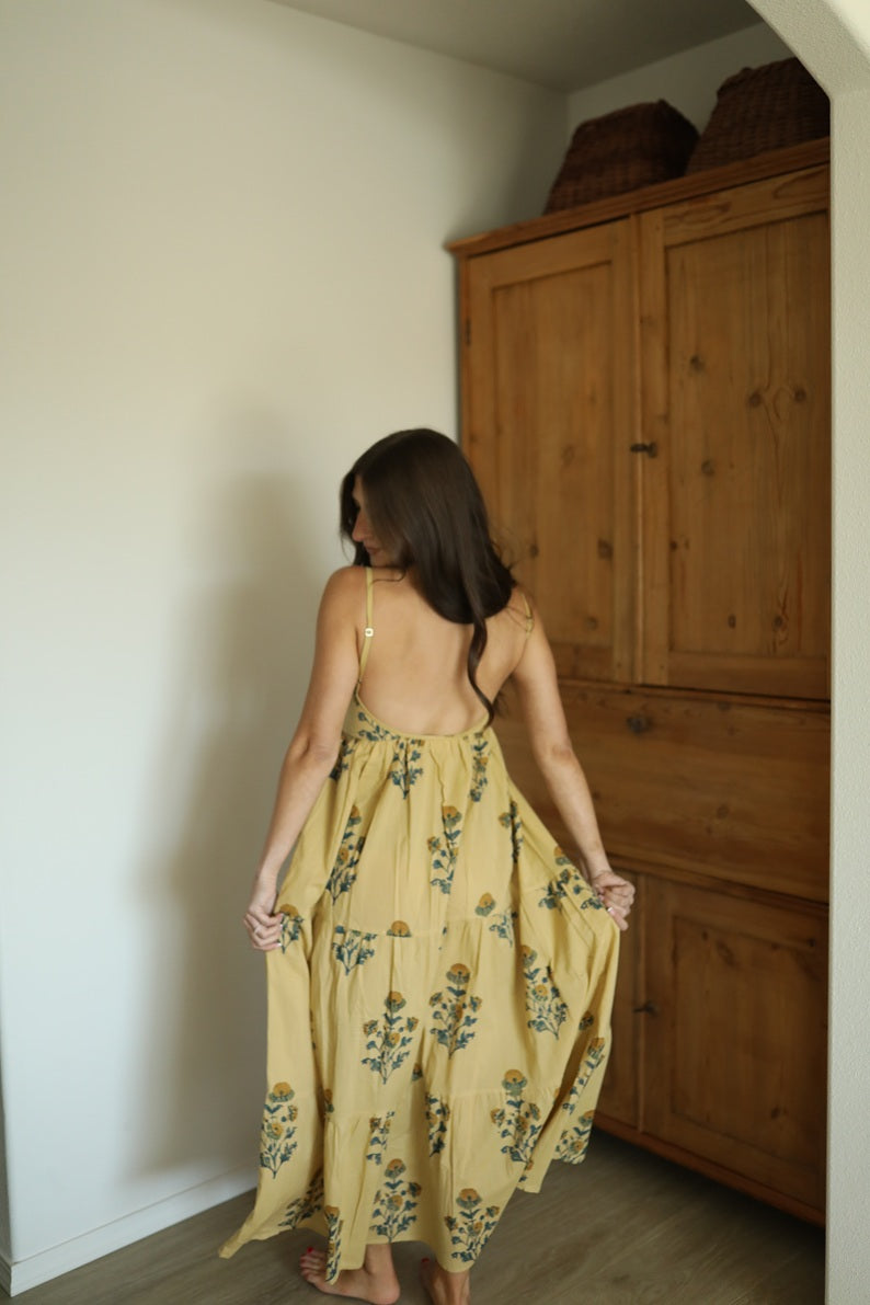 Hand Block Printed Backless Long Cotton Maxi Dress