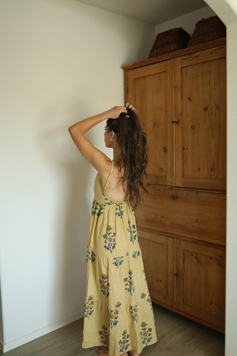 Hand Block Printed Backless Long Cotton Maxi Dress