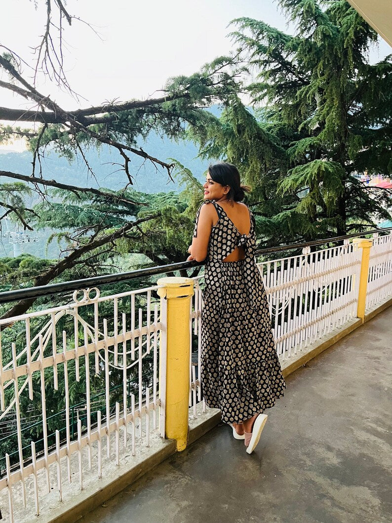 Cotton long dress hand block print maxi floral gown unique back