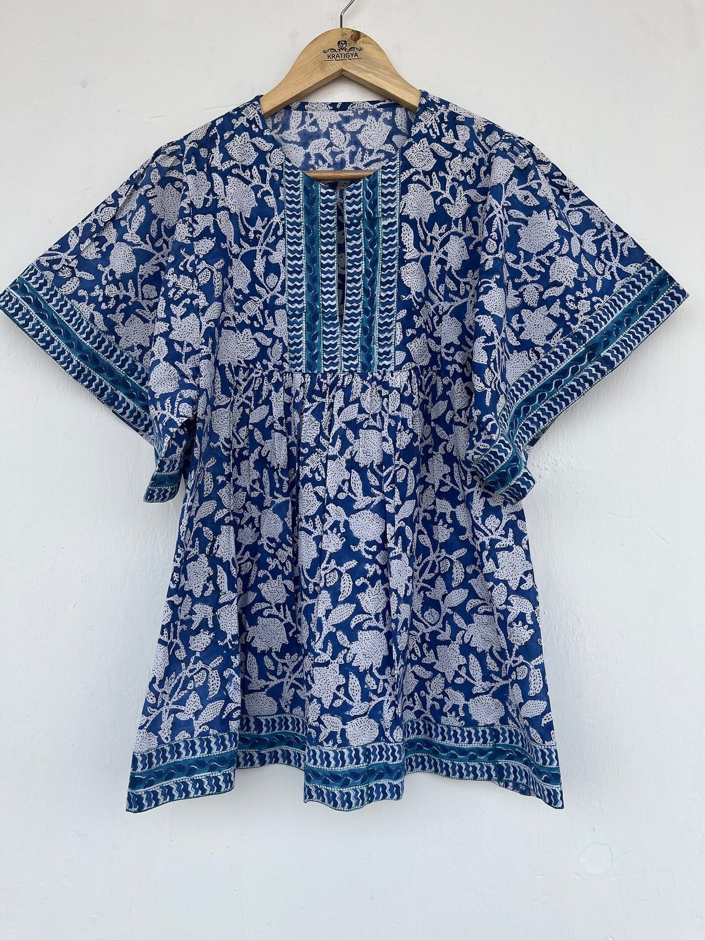 Blue hand block printed floral cotton top