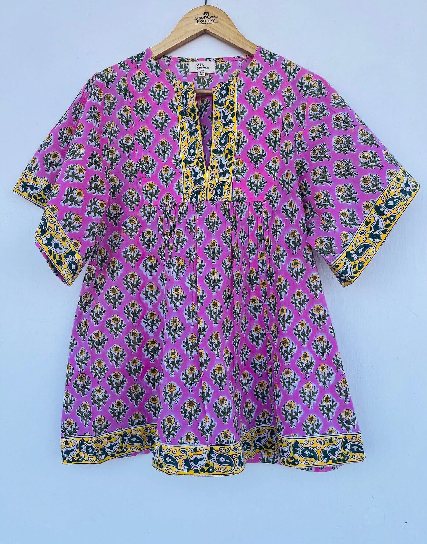 Pink printed cotton top - hand block printed floral blouse