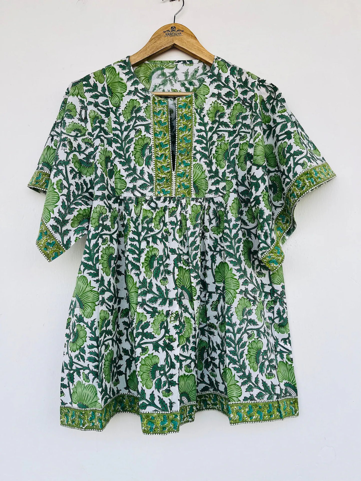 Green floral printed top - cotton block print blouse