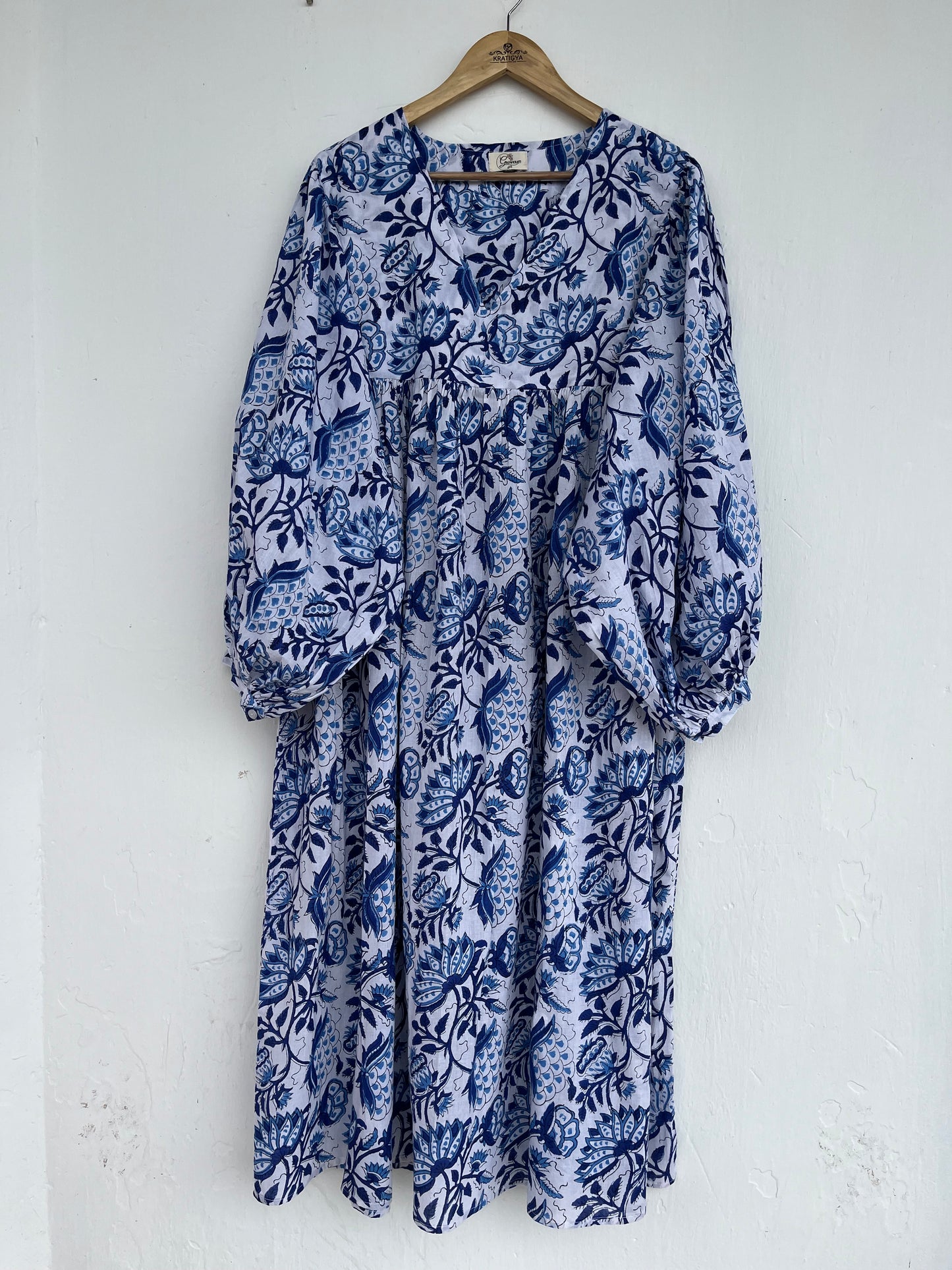 Blue-White Floral Long Maxi Dress, Boho Summer Dress, 100% Cotton Maxi Gown