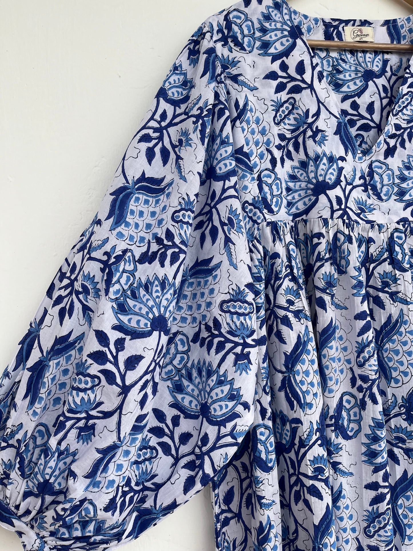 Blue-White Floral Long Maxi Dress, Boho Summer Dress, 100% Cotton Maxi Gown