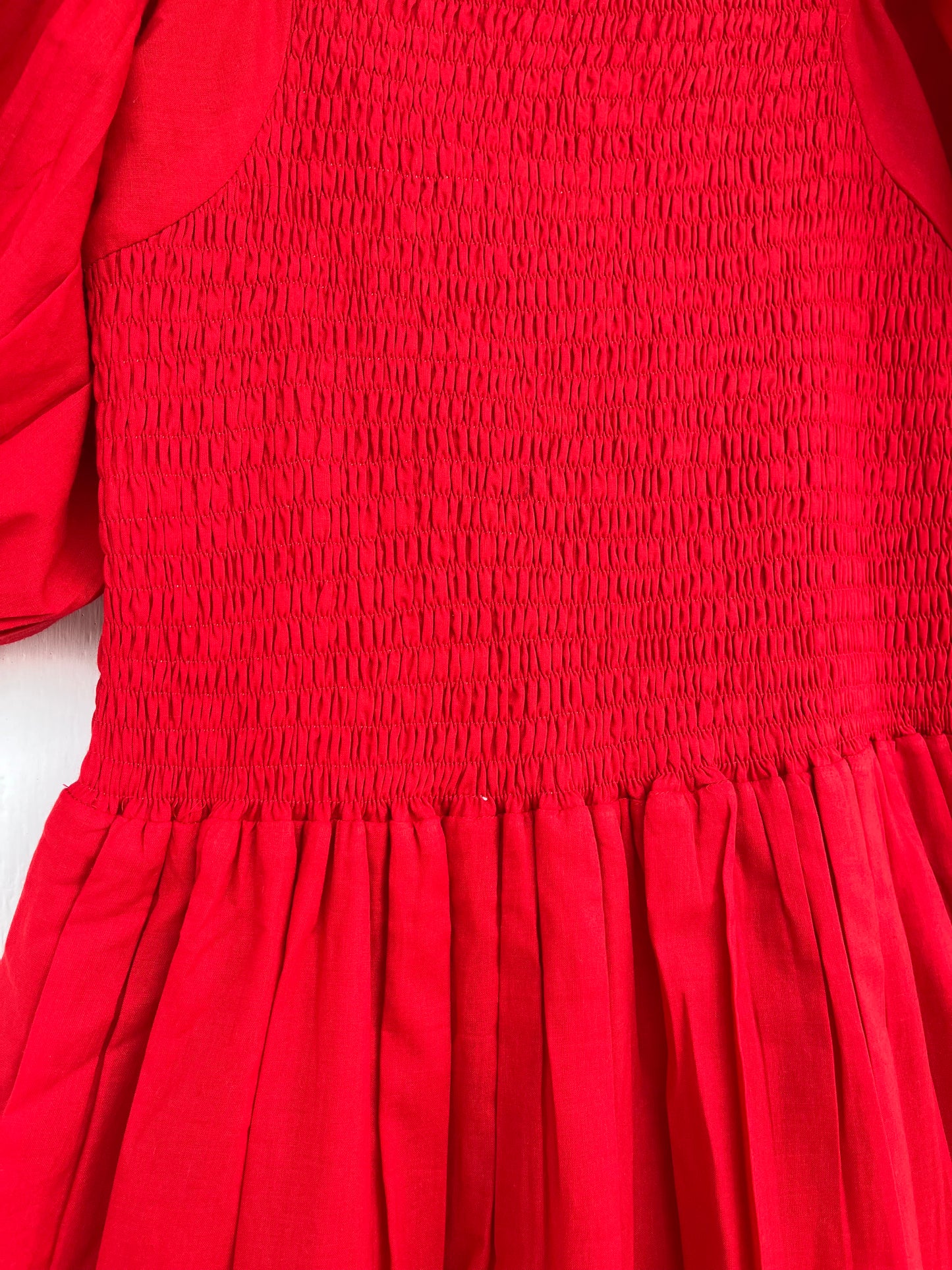 Red Cotton Smocked Maxi Dress, Vintage Bobbin Dress