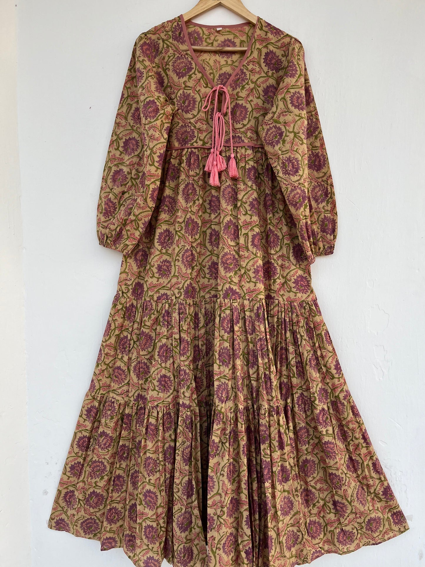 Floral Maxi Dress with Tassels, 3/4th Sleeves Cotton Dress for Women