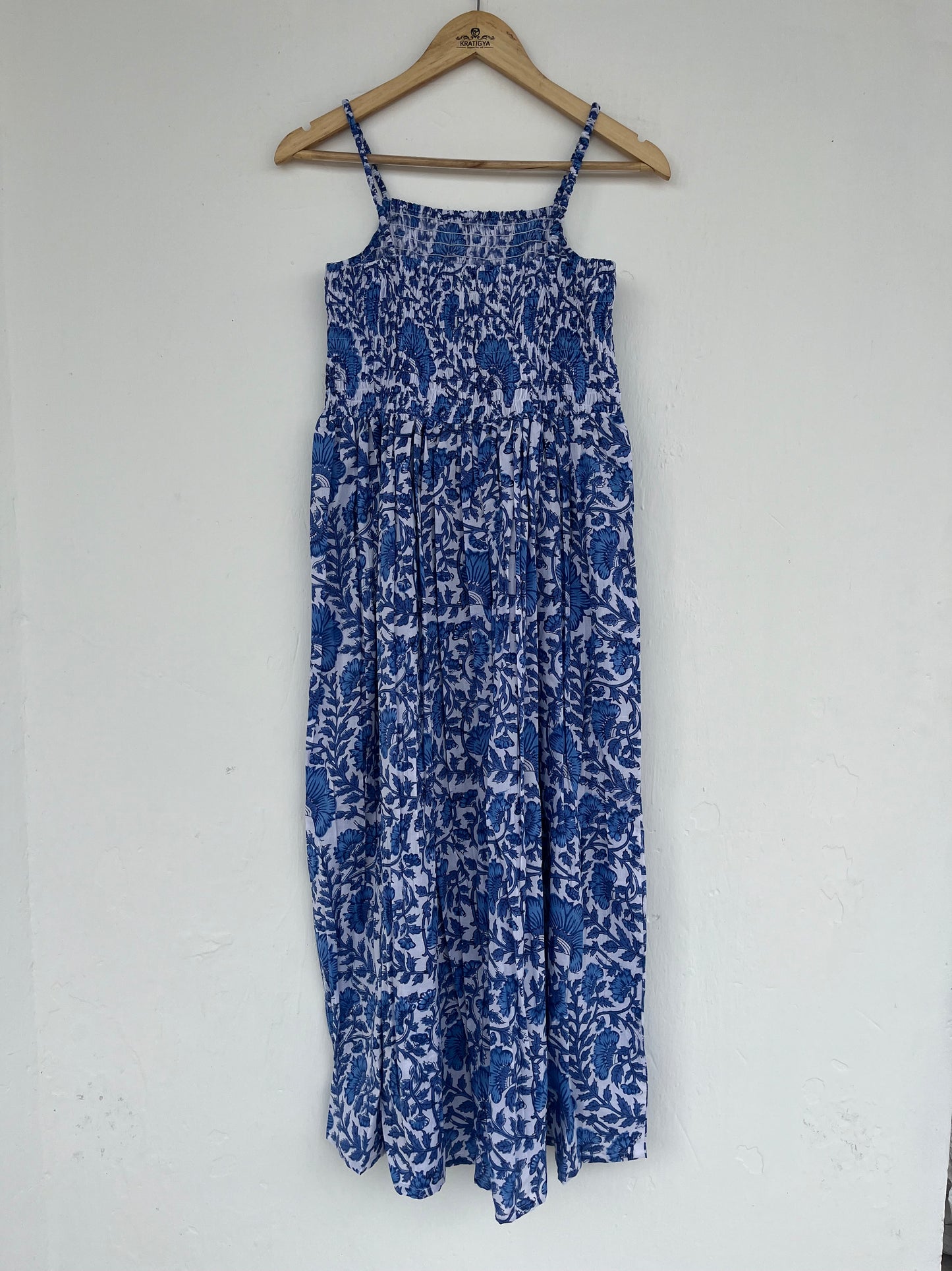 White Blue Sleeveless Shirred Smocked Cotton Maxi Dress, Hand Block Printed Hippie Dress