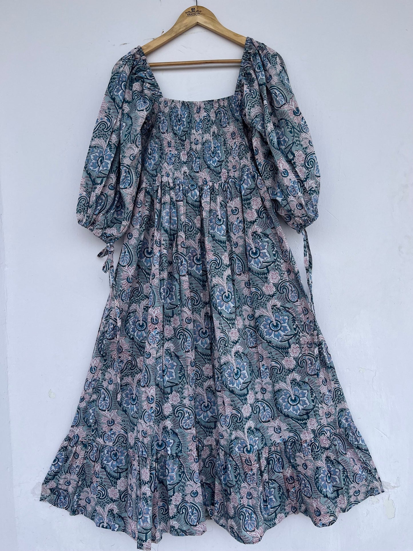 Teal Paisley Smocked Cotton Boho Maxi Summer Dress