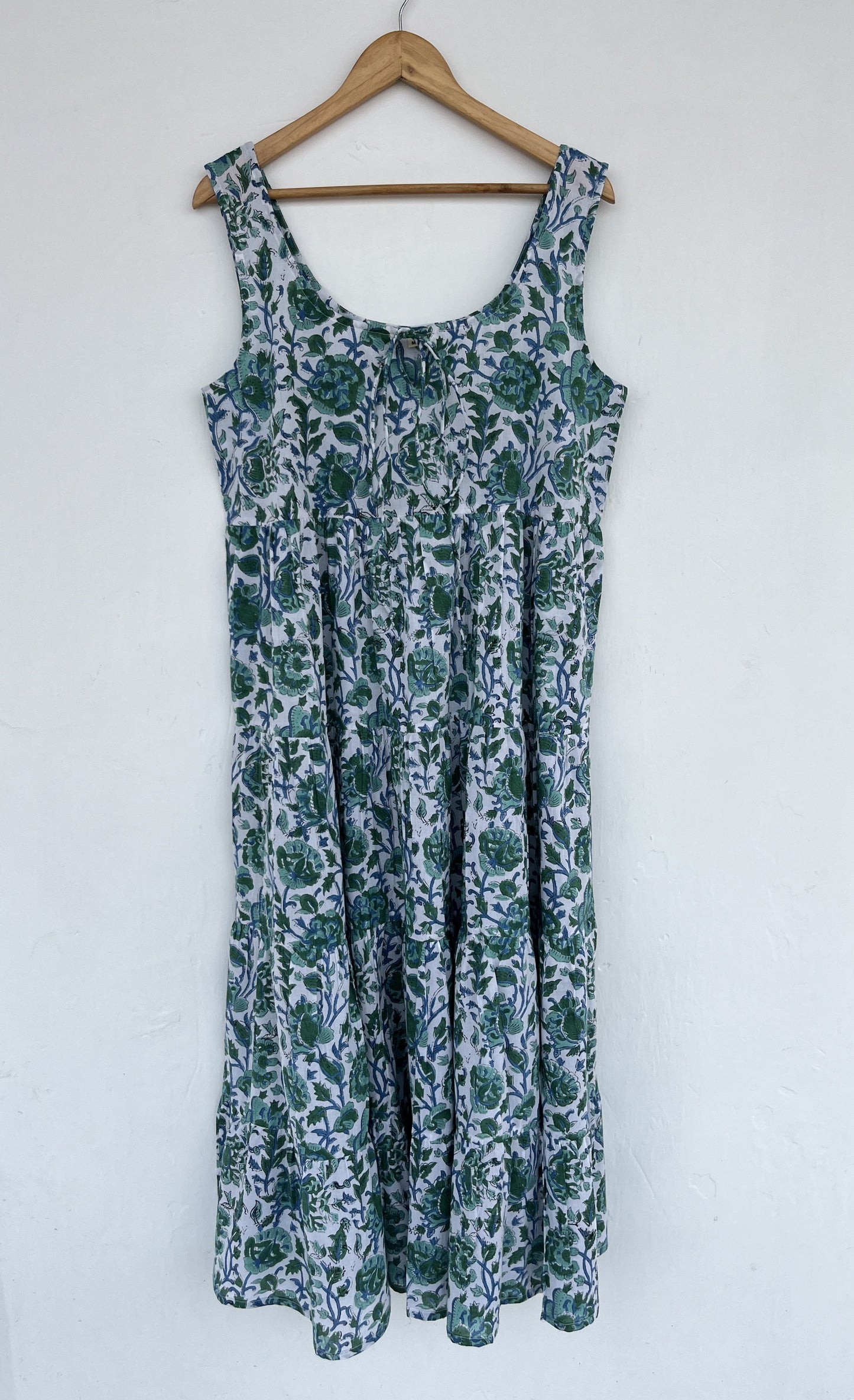 Green Floral Block Print Cotton Dress | Sleeveless Summer Maxi | Women Comfy Wear