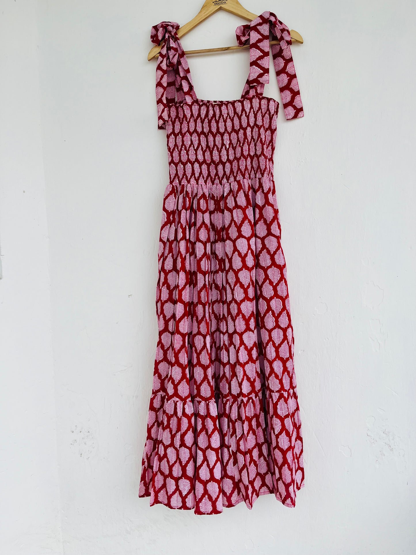 Smocked Cotton Maxi Summer Dress, Hand Block Printed Maxi