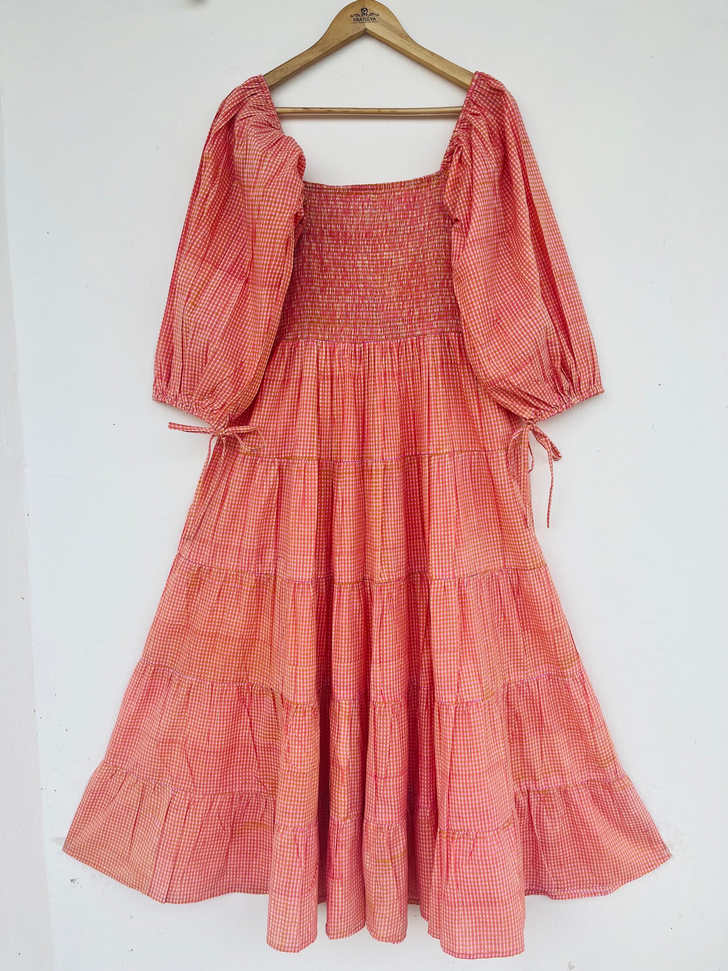 Boho Pink Gingham Smocked Maxi Dress