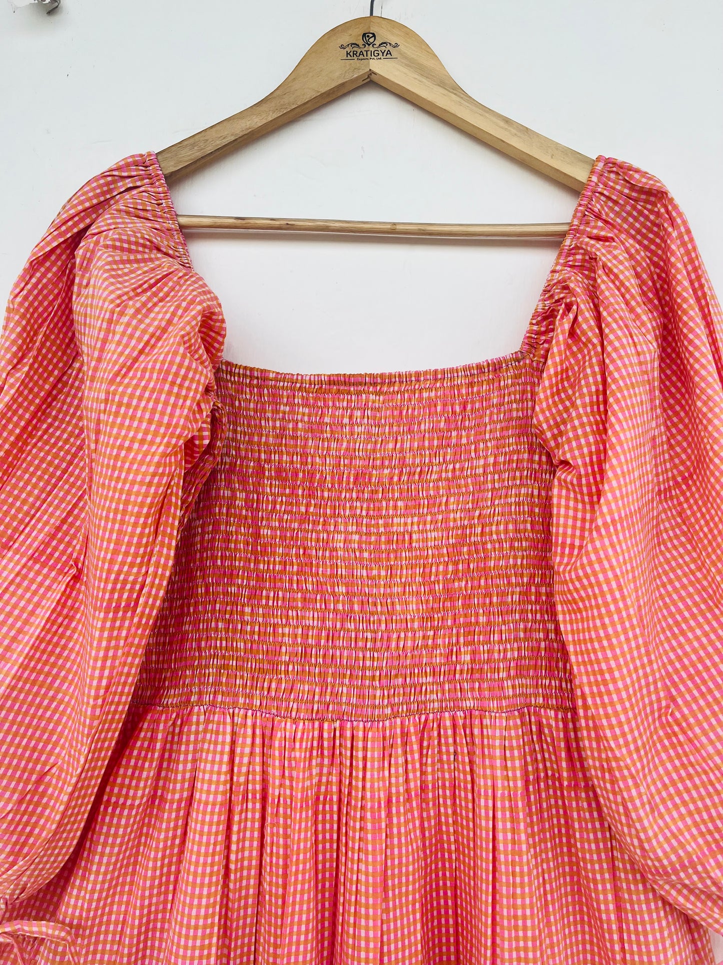 Boho Pink Gingham Smocked Maxi Dress
