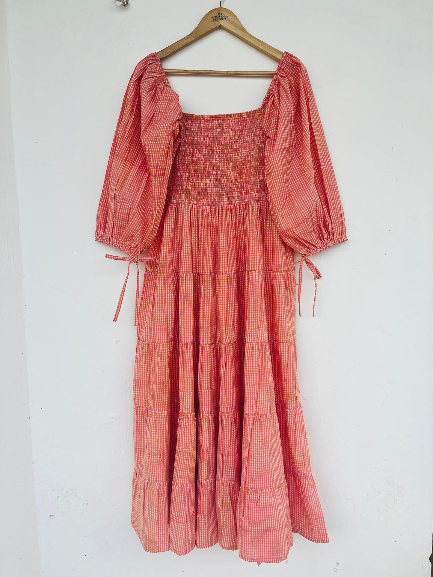 Boho Pink Gingham Smocked Maxi Dress