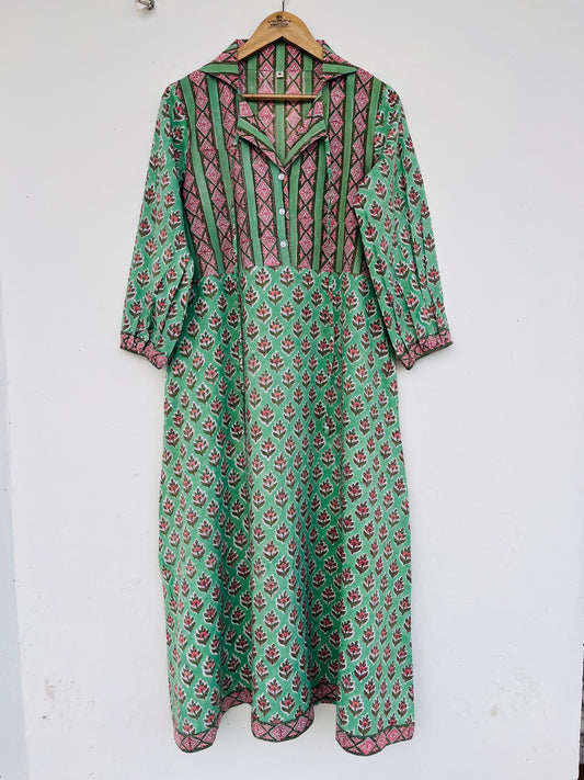 Long Floral Cotton Maxi Dress with Collared Neck