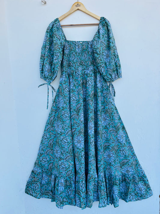 Boho Maxi Dress with Floral Print & Smocked Bodice