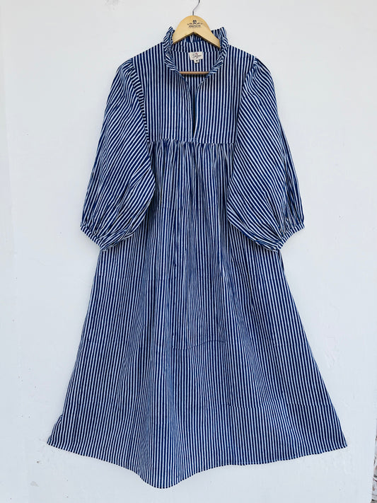Blue Striped Cotton Maxi Dress with Ruffle Neck
