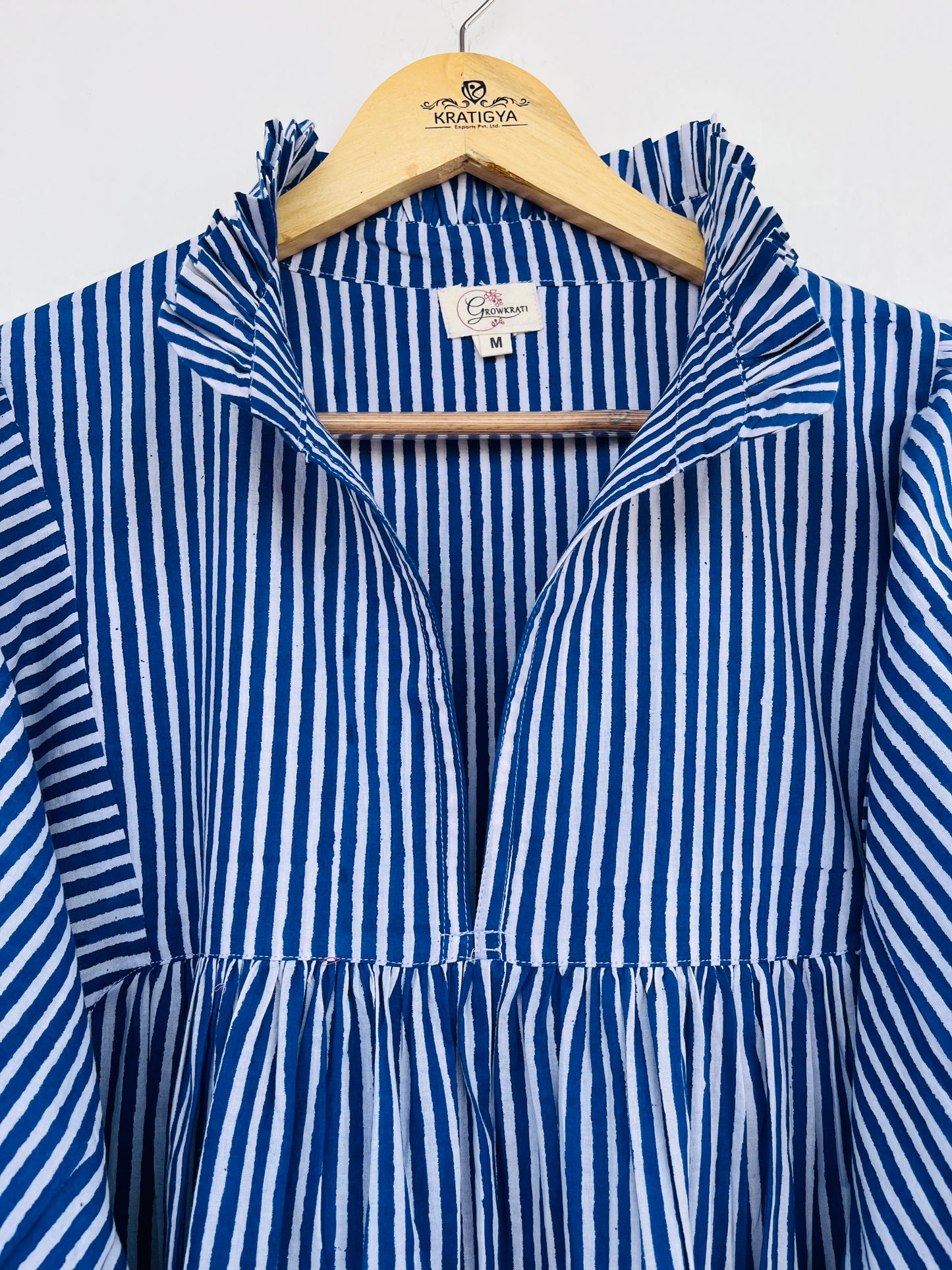 Blue Striped Cotton Maxi Dress with Ruffle Neck
