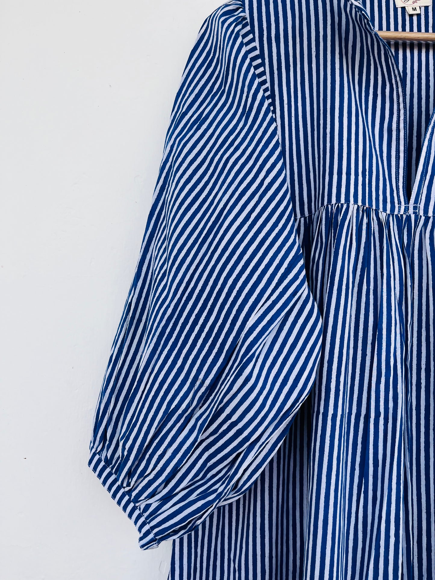 Blue Striped Cotton Maxi Dress with Ruffle Neck