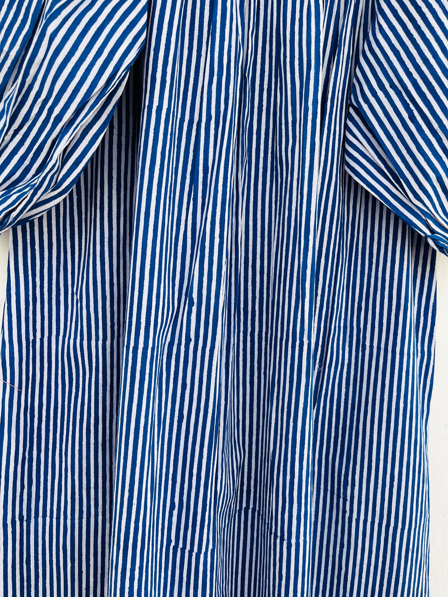 Blue Striped Cotton Maxi Dress with Ruffle Neck