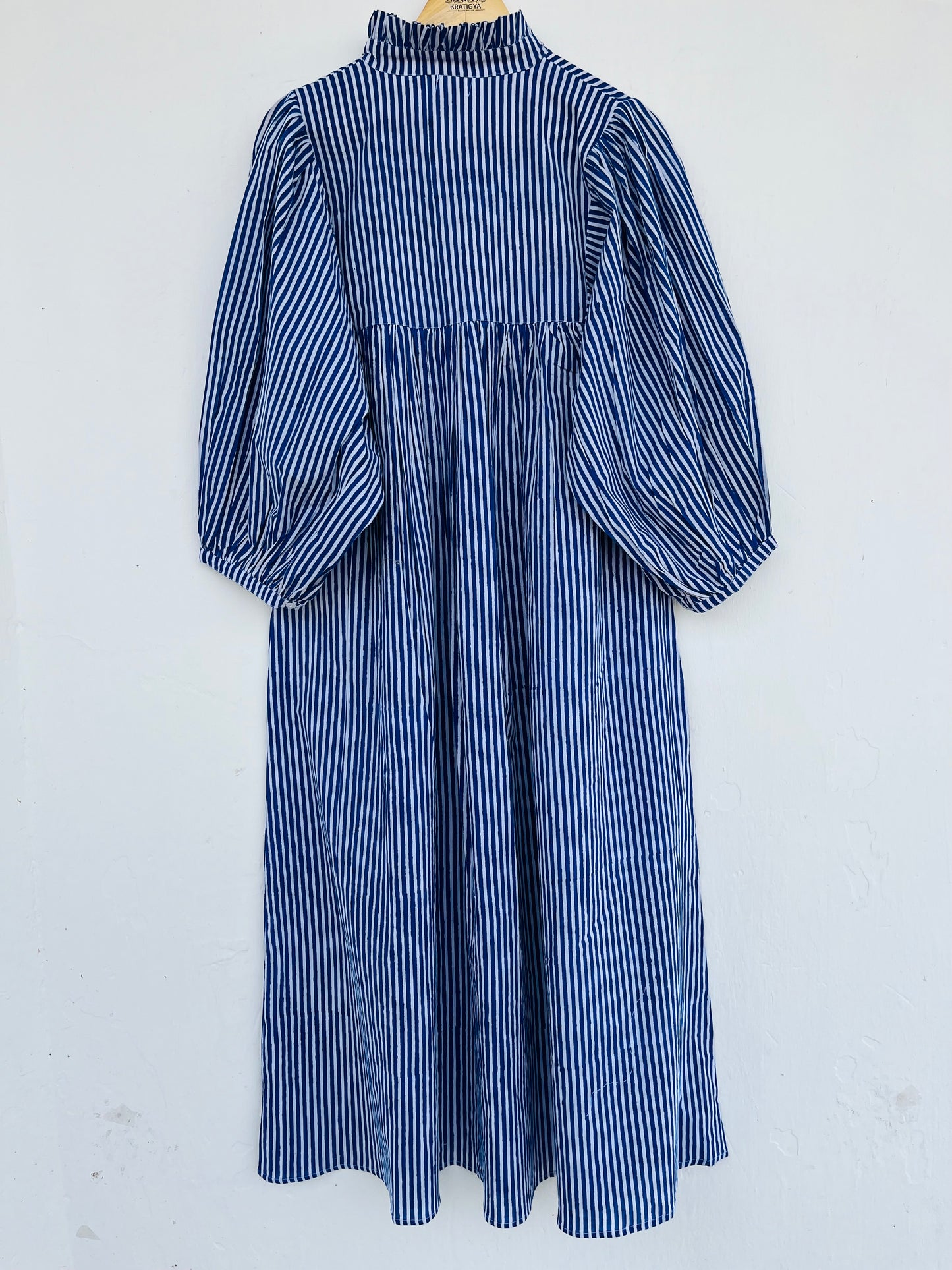 Blue Striped Cotton Maxi Dress with Ruffle Neck