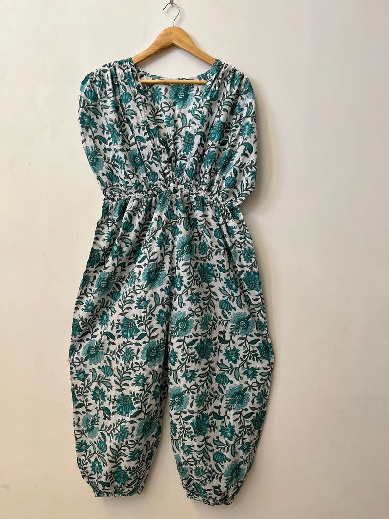 Green floral printed jumpsuit - Indian cotton long outfit
