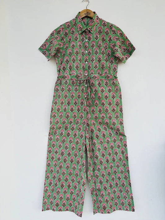 Green hand block printed cotton jumpsuit - Collared button-up jumpsuit