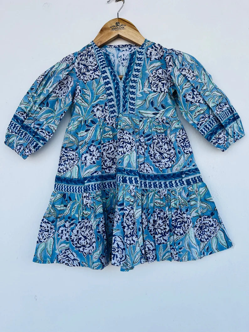Blue floral hand block printed cotton girl kid dress