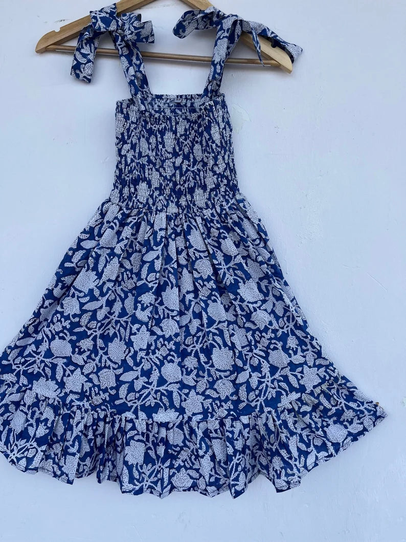 Blue girl kid dress, strap summer kids dress, shirred kid cotton dress