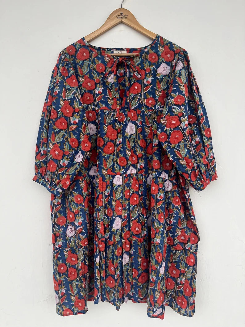 Printed short dress - Henley neckline with cotton ties dress - 3/4th sleeve with button dress