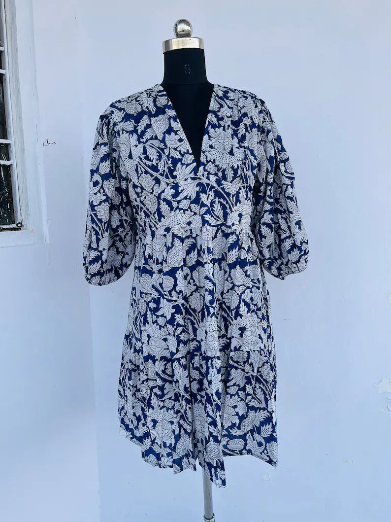 Blue hand block printed floral dress | party wear dress bohemian dress | beautiful dresses