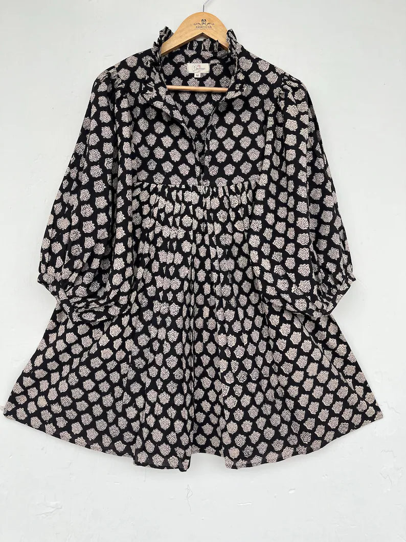 Black floral dress, Hand block printed mini