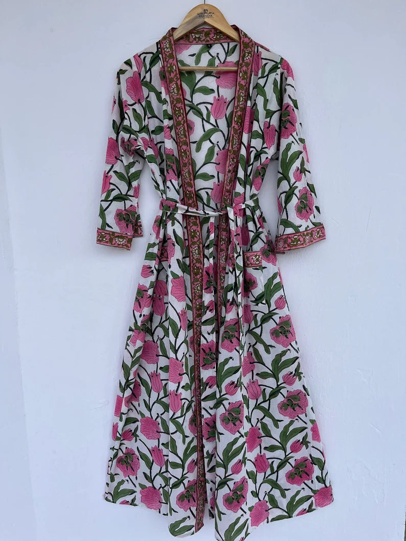 Hand Block Printed Cotton Robes With Pockets and Belt