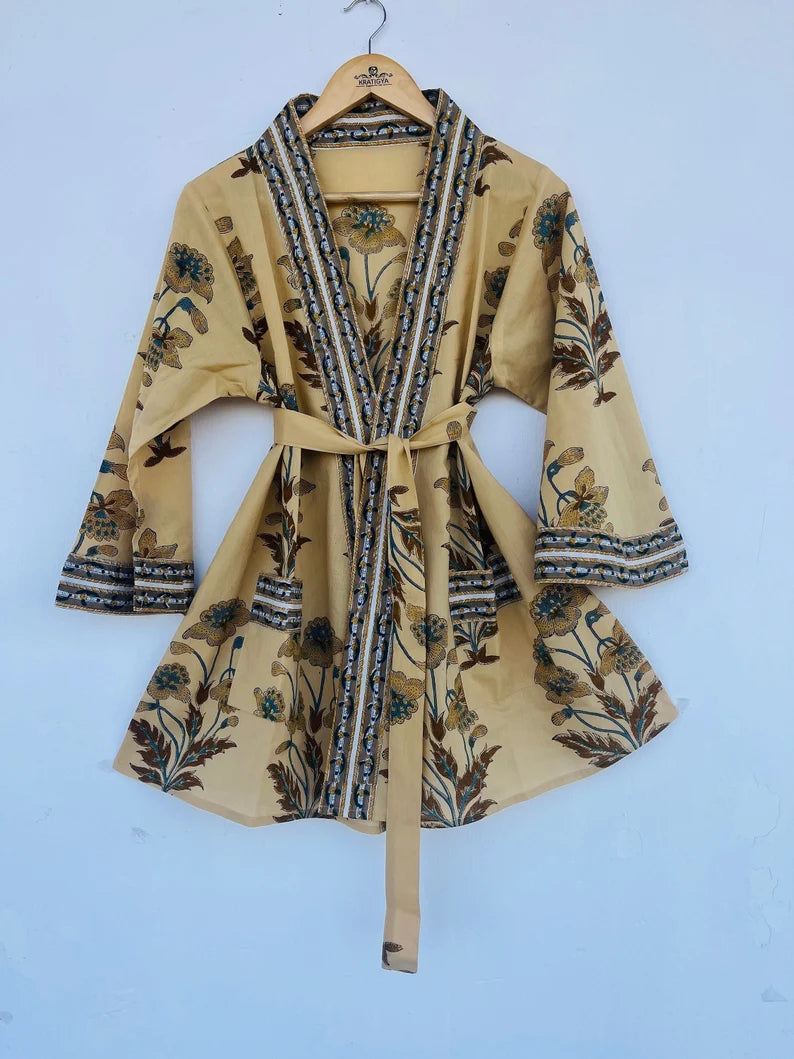 Hand Block Printed Kimono Robe With Pockets and Belt