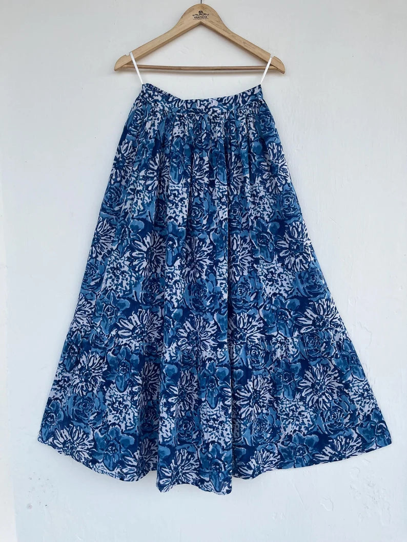 White Blue Boho Cotton Skirt For Summer