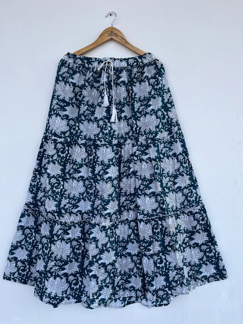 Block Printed Long Cotton Skirt With Tassel