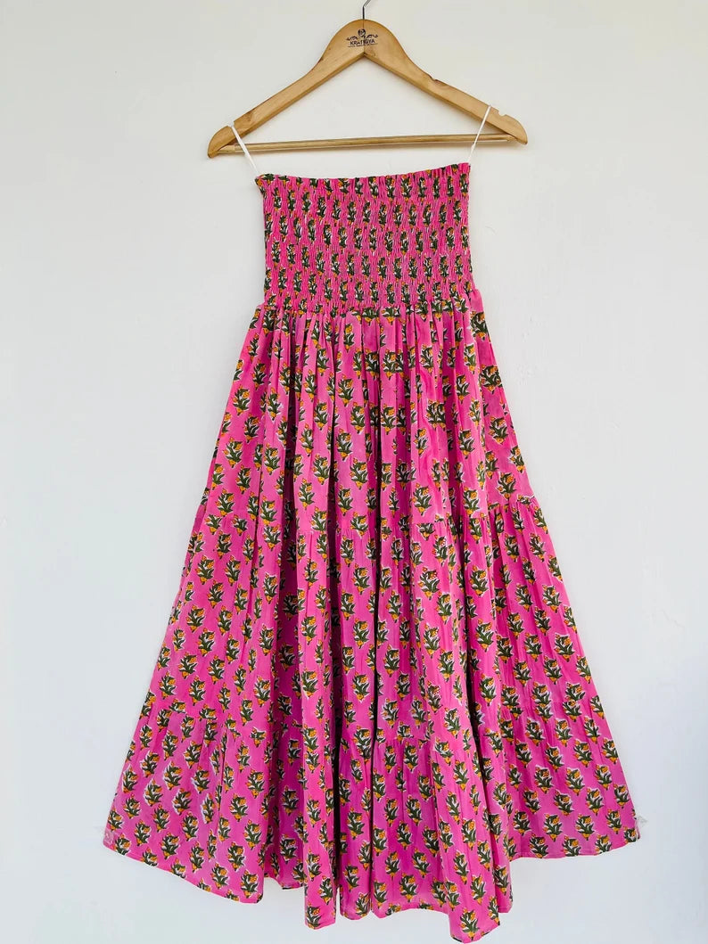 Hand Block Printed Long Cotton Skirt, Floral Shirred Skirt