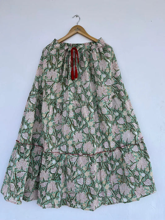 Cotton Skirt, Floral Hand Block Printed Skirts, Long Skirt with String