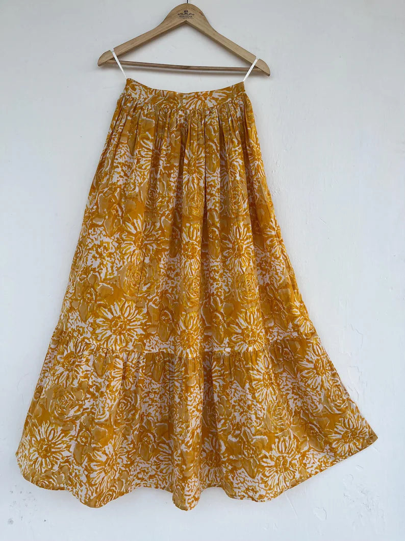 Yellow Cotton Maxi Skirt, Boho Women's Clothing, Floral Skirt
