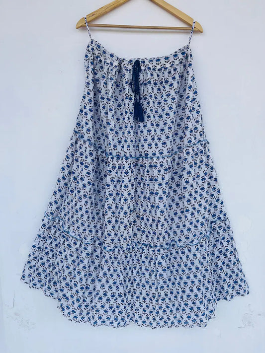 Blue-White Floral Skirt, Cotton Block Printed Skirt, Adjustable Waist String Skirts, Boho Outfit for Women