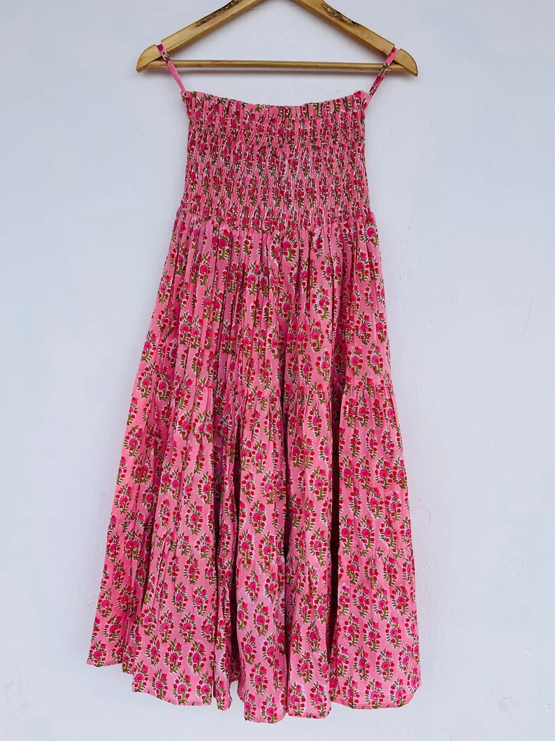 Pink Floral Smocked Maxi Skirt For Women