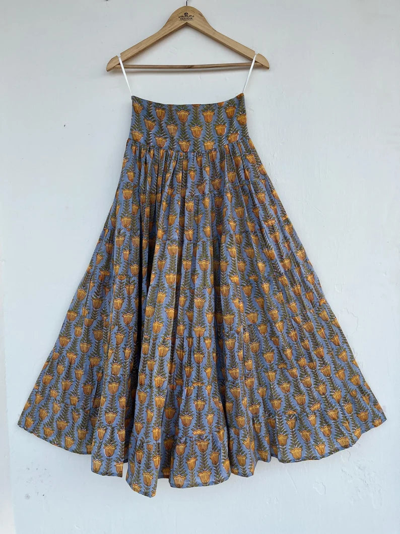 Hand Block Printed Cotton Long Hippie Skirt, Summer Comfy Skirt For Women