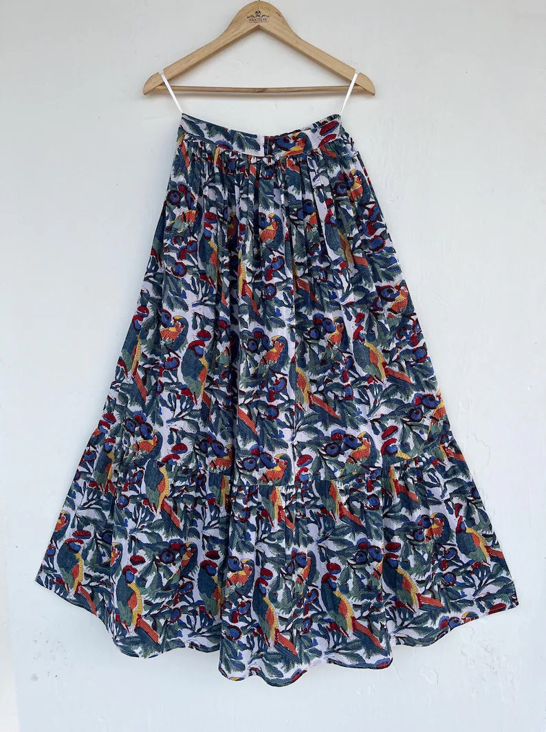 Summer Cotton Hand Block Printed Bohemian Skirt For Women