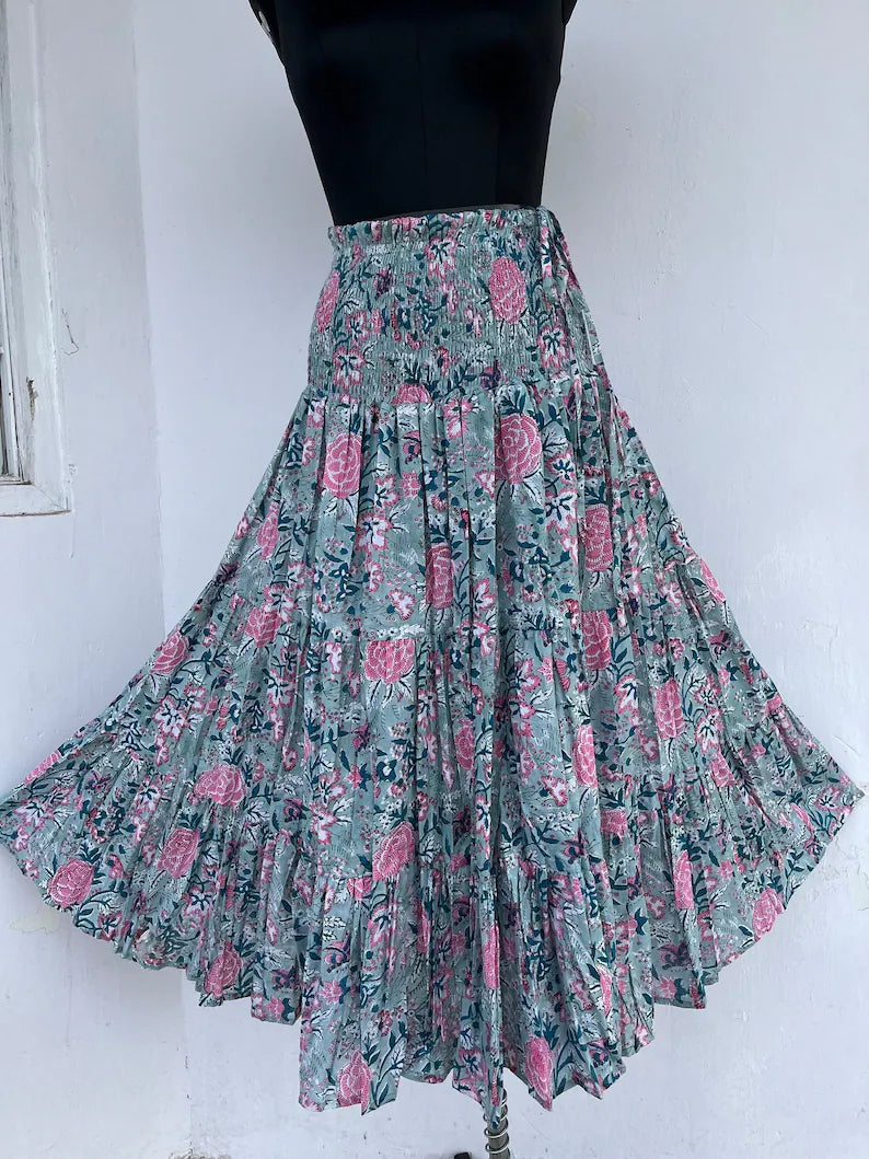 100% Cotton Floral Shirred Skirt, Summer Dress For Women