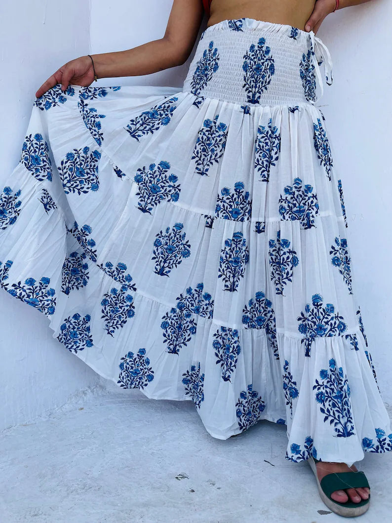 Blue-White Hand Block Printed Cotton Long Skirt With Adjustable String