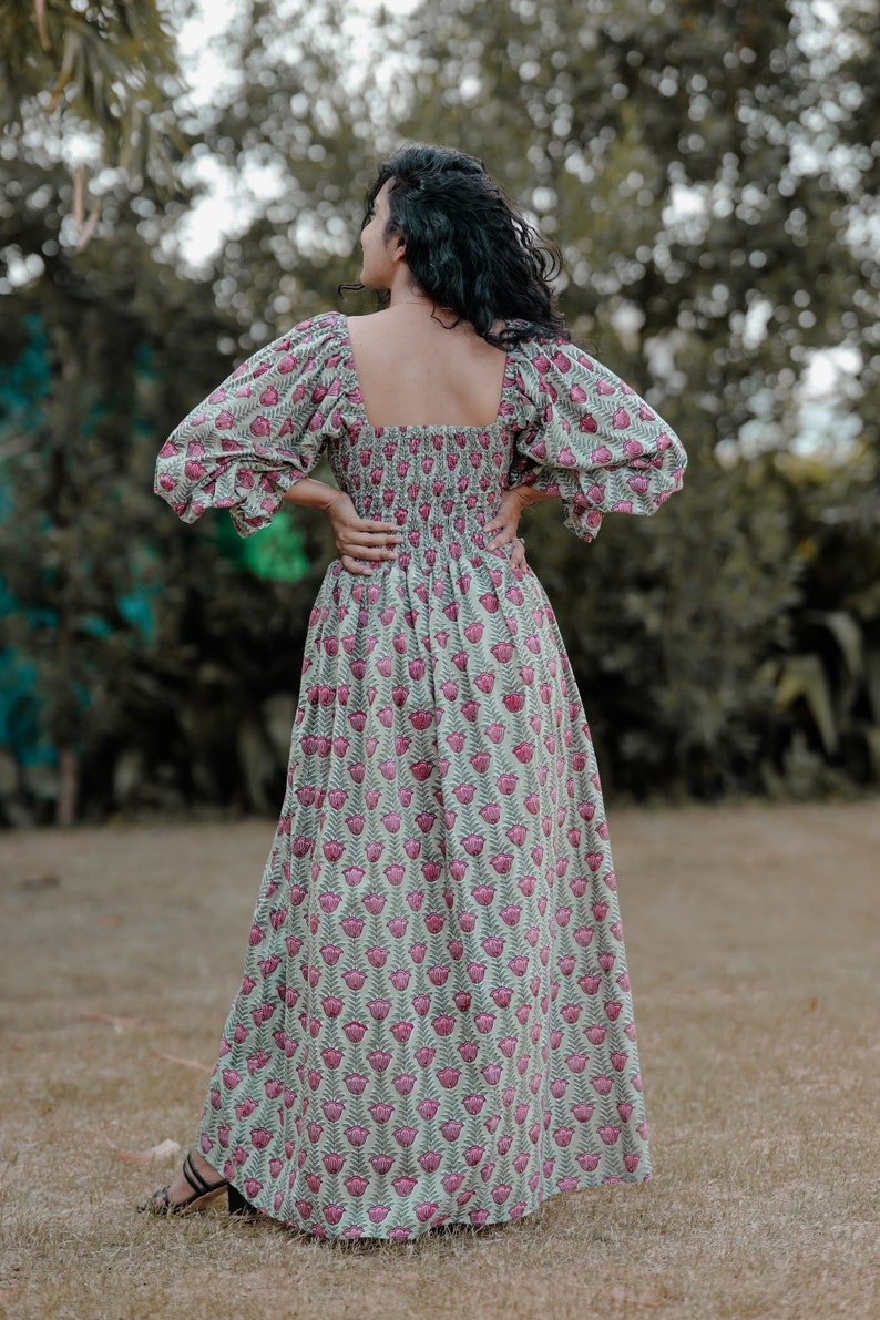 Cotton Maxi Dress | Hand Block Printed Maxi | Floral Long Dress | Smocked Maxi Dress