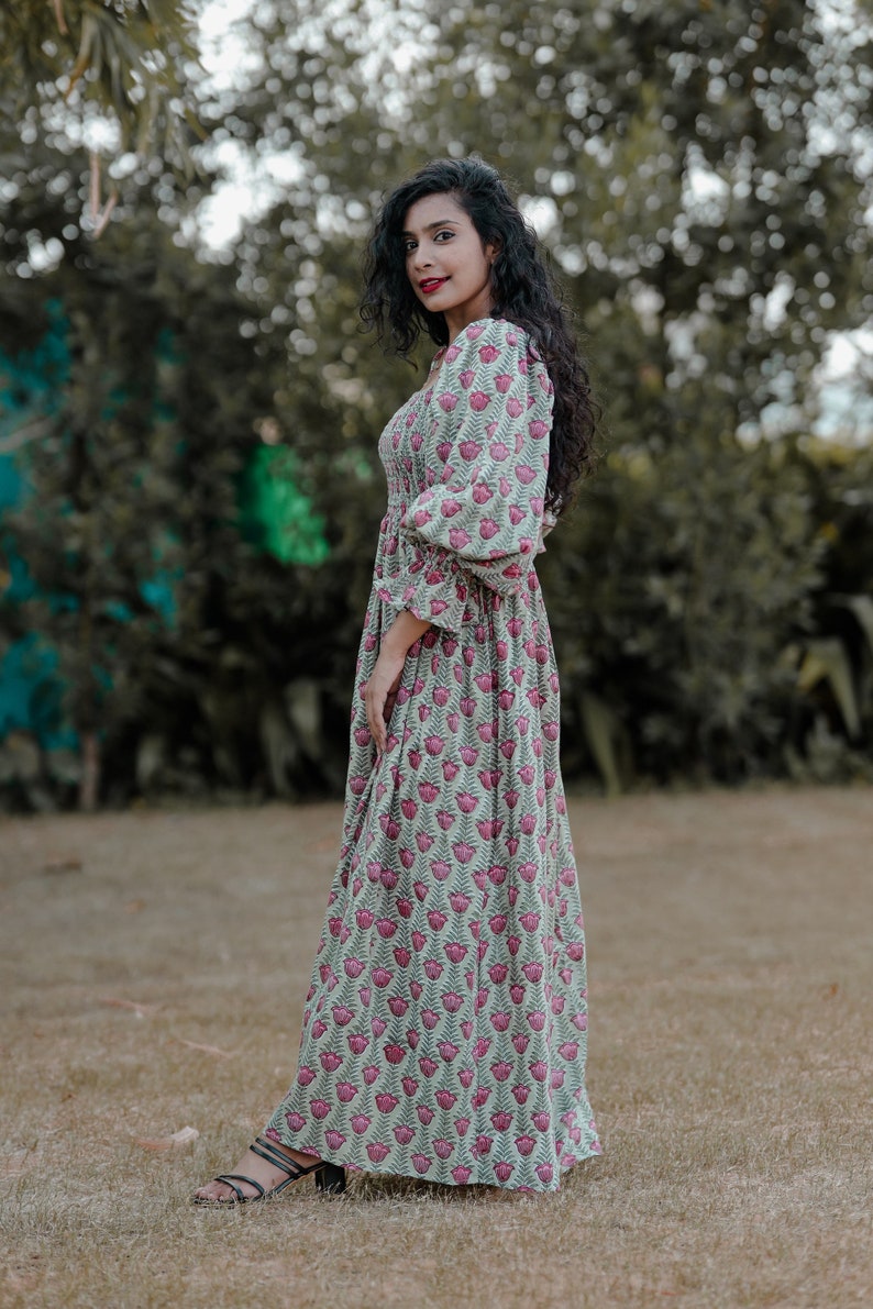 Cotton Maxi Dress | Hand Block Printed Maxi | Floral Long Dress | Smocked Maxi Dress