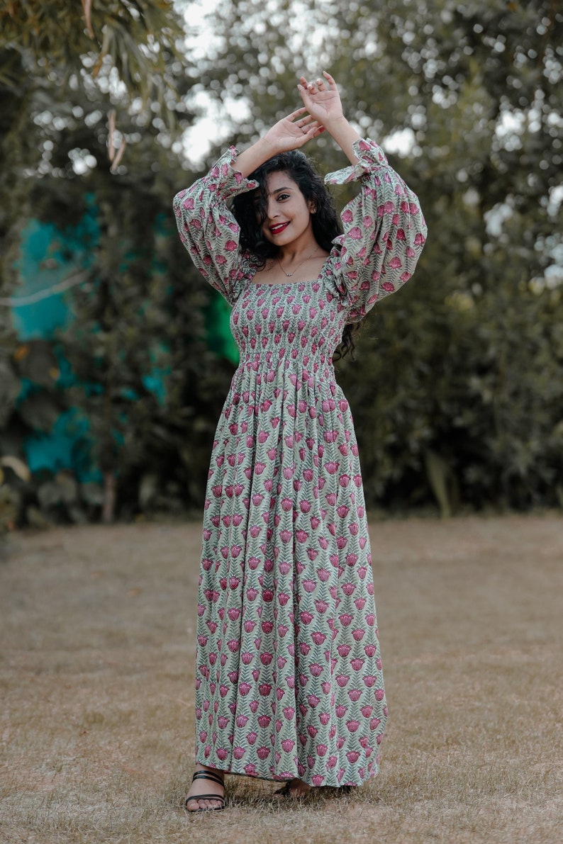 Cotton Maxi Dress | Hand Block Printed Maxi | Floral Long Dress | Smocked Maxi Dress